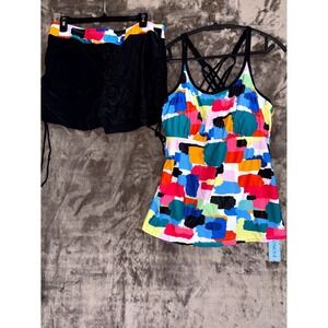 Yonique Tankini Set Swimsuit Womens 18W Multi Abstract Print Criss-Cross Strap